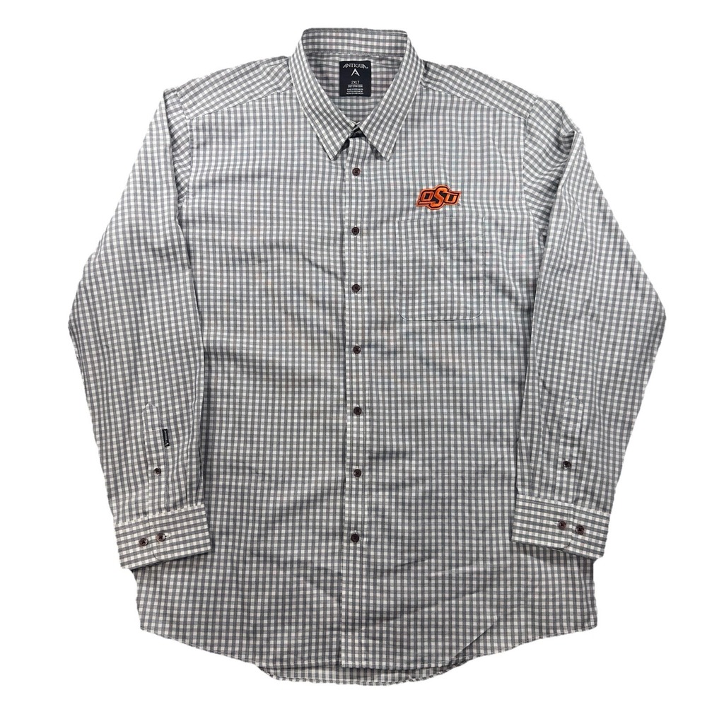 Antigua‎ Oklahoma State University Mens 2XLT Shirt Gray Gingham Button OSU Fan